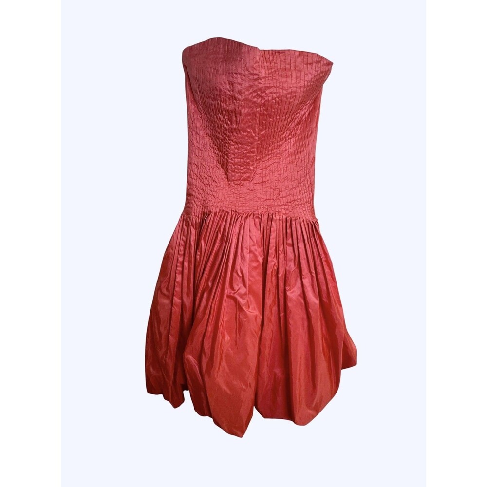 Oscar De La Renta Dress XS Pink Red Strapless Pleated Bubble Hem Mini Fit Flare